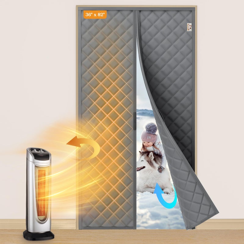 Yotache Magnetic Thermal Insulated Door Curtain Fits Door Size 36 x 82 inch  Door Curtain Size 38"" x 84"" Weatherproof Oxford Material Door Screen Covers Keep Cold Drafts Out  Gray - Image 1